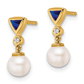 14K Polished Diamond and Sapphire Pearl Dangle Post Earrings